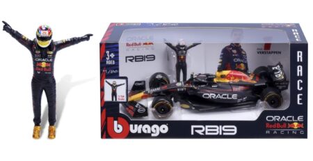 The Bburago Red Bull Racing RB19 F1 #1 Max Verstappen 2023 with Pilot (Blue) is a detailed 1:18 scale model of the Formula 1 car driven by Max Verstappen during the 2023 season. This diecast model captures the essence of the RB19, which was a dominant force in the F1 circuit that year. Key Features: Authentic Design: The model features the iconic blue Red Bull Racing livery, complete with sponsor logos and detailed decals that replicate the real car's design. Pilot Figure: The model includes a figure of Max Verstappen, seated in the cockpit, adding a realistic touch to the display. High-Quality Build: Bburago is known for producing high-quality diecast models, and this RB19 is no exception, with intricate detailing on the aerodynamics, tires, and suspension components. Functional Elements: Some models in this series offer movable parts like steering, tires, and possibly removable components to reveal engine details. This model is perfect for Formula 1 enthusiasts, especially fans of Max Verstappen and Red Bull Racing, offering a piece of the 2023 F1 season in a collectible format.